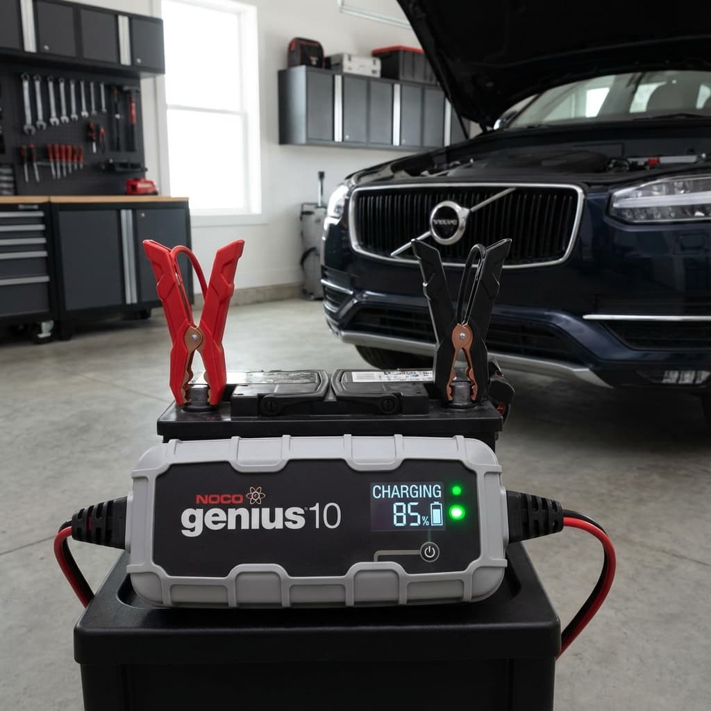 Smart car battery charger connected to a battery.