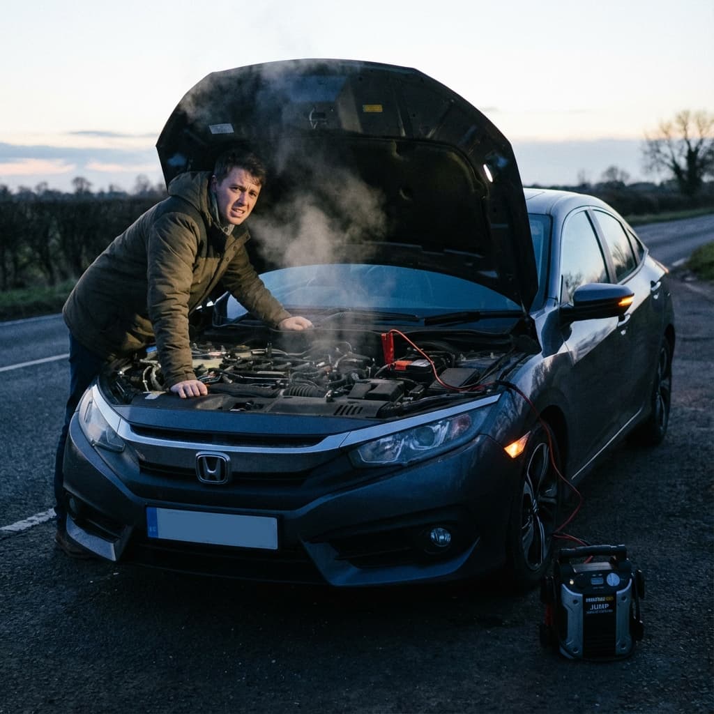 Frustrated driver looking at car engine on a cold morning.
