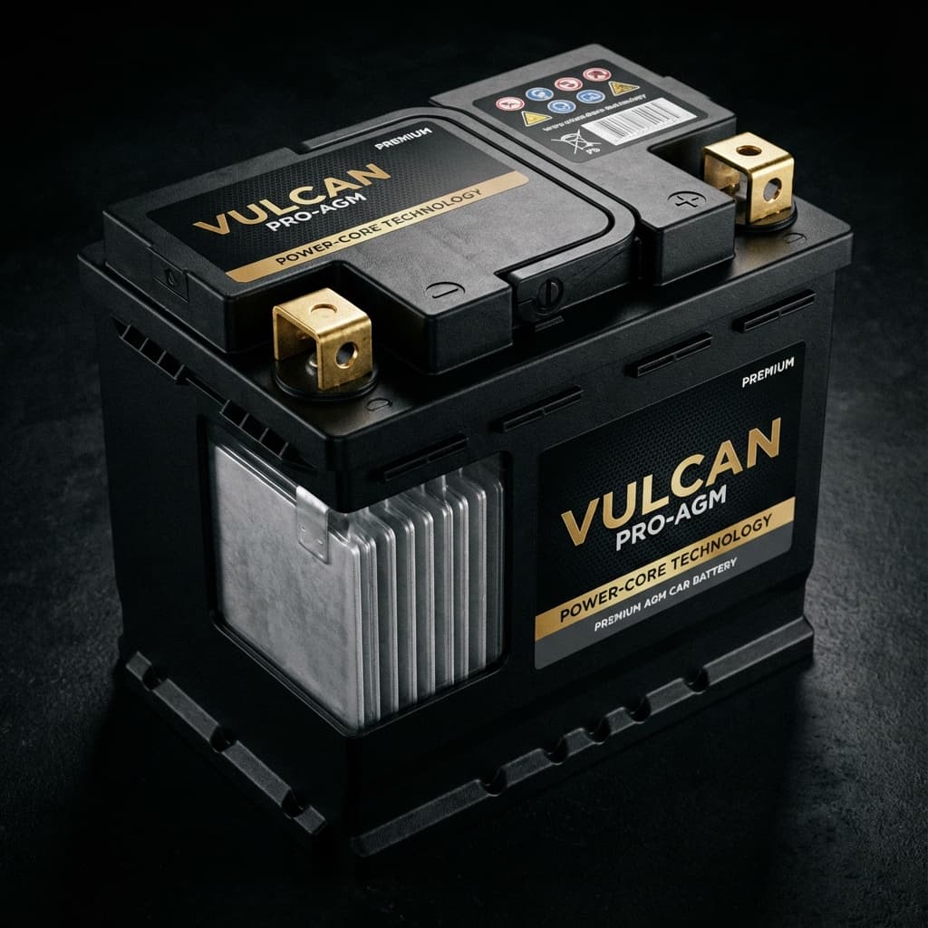 Premium AGM car battery with gold terminals.